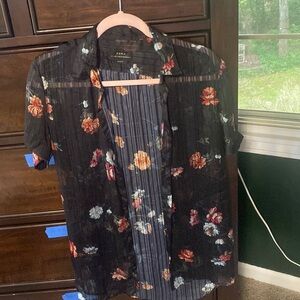 Zara sheer silk blouse with stripes and floral motif